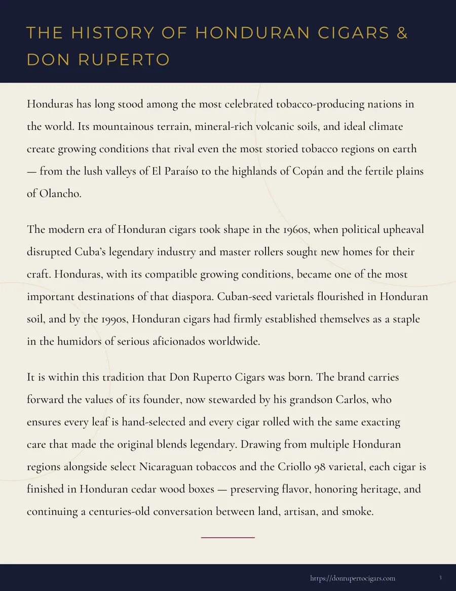 Don Ruperto catalog page on the history of Honduran cigars